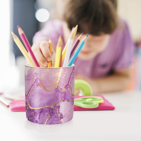 Cute Ceramic Pen Holder for Desk, WAVEYU Purple Marble Marker Holder, Makeup Brush Holders, Desk Accessories