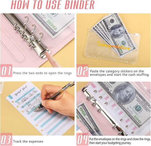 Budget Binder with Zipper Envelopes, A6 Money Organizer for Cash with 12PCS Cash Envelopes, 12PCS Budget Sheets, 28 PCS