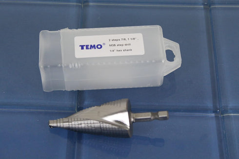 TEMO M35 Cobalt Step Drill Spiral Flute, Two Sizes: 7/8 Inch and 1-1/8 Inch, 1/4 Inch Hex Shank