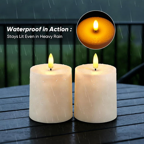 3"x3.5" Set 2 Raycare White Outdoor Waterproof Flameless Candles with Remote and Timer, Realistic LED Candles, Battery