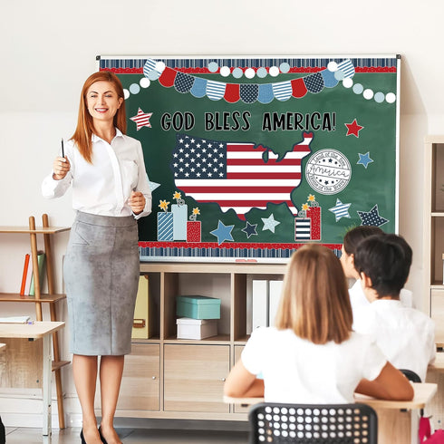 Whaline 82Pcs Patriotic Bulletin Board Decoration Kit - God Bless America Set with Star Cutouts for 4th of July