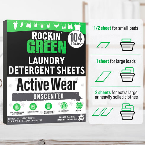 (104 Rockin' Green Active Wear Travel Laundry Detergent Sheets Unscented - Mess-Free Laundry Sheets Detergent