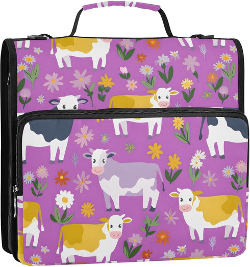 ALAZA 3 500 Ring Zipper Binder Milk Cow Wildflowers Binders Bag with Shoulder Strap Sheets Paper Organizer Trapper