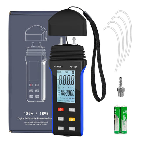 AIOMEST Digital Manometer Gas Pressure Tester ±2 psi / ±13.79 kpa, Dual Port Air Flow Pressure Gauge