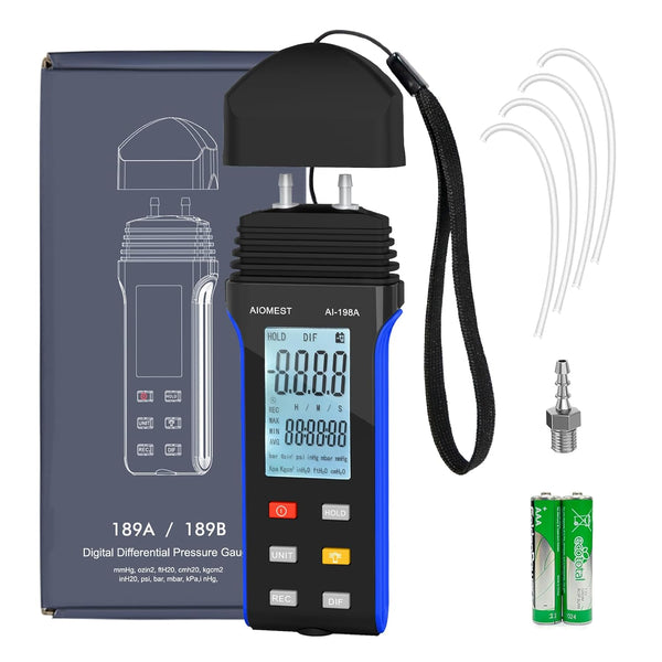 AIOMEST Digital Manometer Gas Pressure Tester ±2 psi / ±13.79 kpa, Dual Port Air Flow Pressure Gauge
