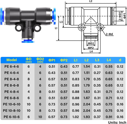 TAILONZ PNEUMATIC Blue 10MM Tube OD x 6MM Tube OD x 10MM Tube OD Tee Plastic Push to Connect Fittings 3 Ways Tube Connect Push Fit Push Lock PE10-6-10 (Pack of 6) by TAILONZ PNEUMATIC