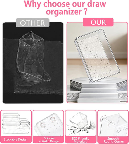 Asnews Set 13, 5-Size Makeup Drawer Organizers of Vanity Organizer Trays, Stackable Bathroom & Desk Drawer Organizer