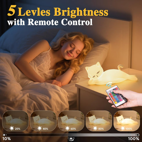 16 Colors+5 Dimming+Silicone Lying Flat Cat Lamp Funny Gifts, Random Stuff, Touch+Remote+Recharge Night Light for Kids