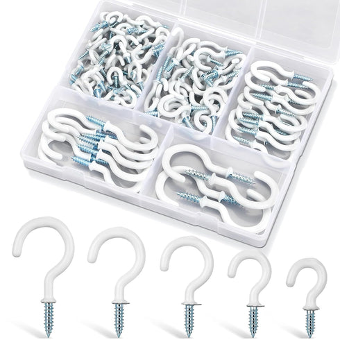 110Pcs Premium Screw Hooks, White Vinyl Coated Cup Hooks, 5 Sizes Heavy Duty Hook Screws for Hanging Plants