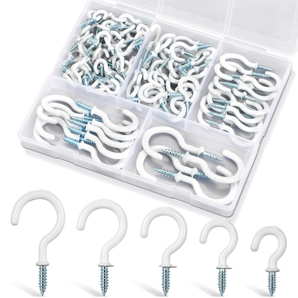 110Pcs Premium Screw Hooks, White Vinyl Coated Cup Hooks, 5 Sizes Heavy Duty Hook Screws for Hanging Plants