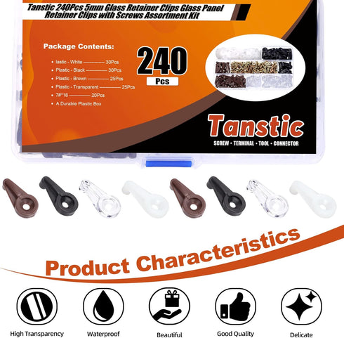 240Pcs Cabinet Glass Retainer Clips Kit, 4 Colors 4mm Plastic Mirror Clips with Screws for Fixing Doors