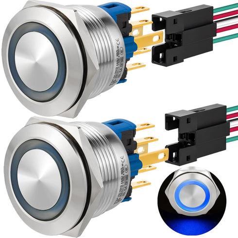 Push Button Switch 22mm Latching 110V/120V 1NO 1NC SPDT Waterproof Industrial Switches with Wire (Blue)