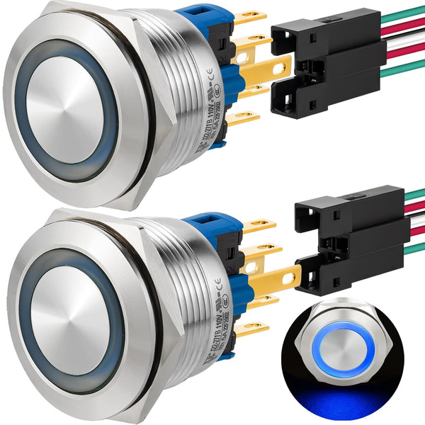 Push Button Switch 22mm Latching 110V/120V 1NO 1NC SPDT Waterproof Industrial Switches with Wire (Blue)