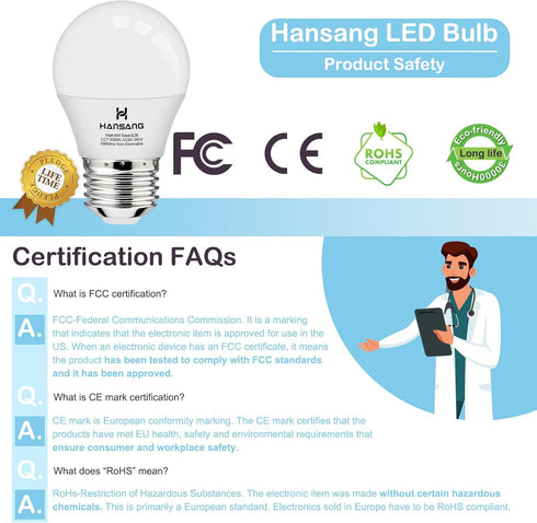 hansang A15 LED E26 Small Light Bulb, Daylight 5000K, 60Watt Equivalent Ceiling Fan Light Bulbs, E26 Standard Base Appliance Light Bulb, 600 Lumen, CRI85+, Eye Protection, 120V, Non-Dimmable 8 Pack by hansang