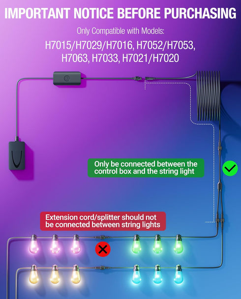 HIQCVOU S14 Bulb 2, (1 2 H7015 H7029 H7016, H7052 H7053, H7063 Y-Splitter for Govee Outdoor String Lights, Ground