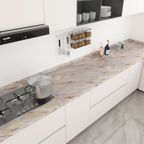 Pink Purple Glossy Marble Contact Paper for Cabinets and Drawers, Peel and Stick Waterproof Modern Kitchen Wallpaper.