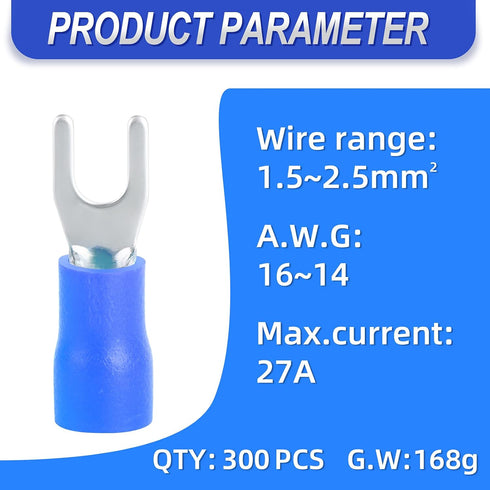 300 Pcs Blue 16-14 AWG Insulated Fork Spade U-Type Wire Connector Electrical Crimp Terminal