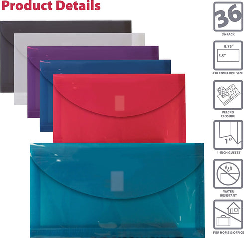 Better Office Products 36 Plastic Envelopes | Reusable Poly Envelopes No.10, 9.75 x 5.5 Inch, Assorted Colors