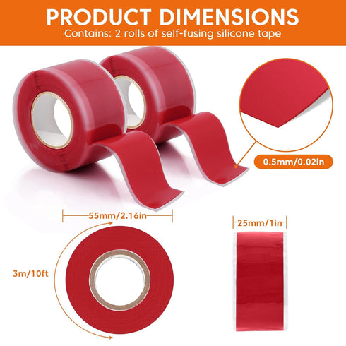 2 Rolls Self Fusing Silicone Tape - 1in(W) X 10ft(L) Waterproof Tape, Water Leak Seal Tape, Rescue Tape, Plumbing Hose Repair Tape, Rubber Tape for Cable Winding Insulating, Red