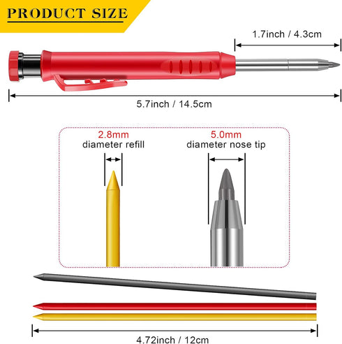 Outus Solid Carpenter Pencil for Construction, Long Nosed Deep Hole Mechanical Pencil Marker with Refills and Sharpener