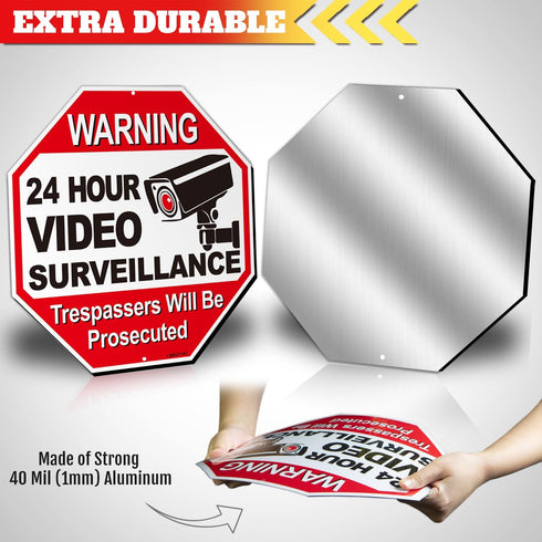 Anley 24 Hour Video Surveillance Sign - Trespassers Will Be Prosecuted Aluminum Warning Sign - UV Protected,