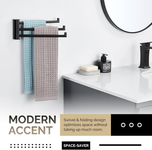 Swivel Hand Towel Holder - 3 Bars Angle Simple 304 Stainless Steel Towel Rack, Folding Wall Mount Matte Black