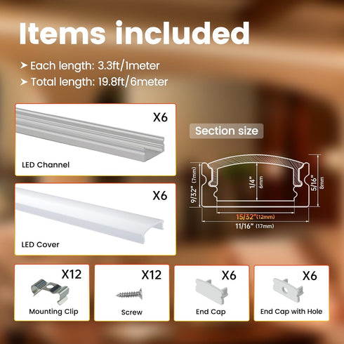 6Pack 3.3FT/1M U1SW 1M Muzata LED Channel Aluminum U Shape Silver LED Strip Diffuser Channel with Milky White Cover