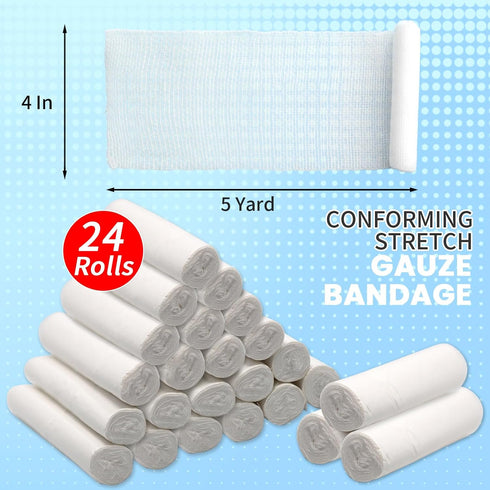24 Pack 4 Inch 5 Cling Gauze Rolls x Yard, White Rolled Gauze Wraps Vet Wrap for Horses, Pure Cotton Bandage Wrap