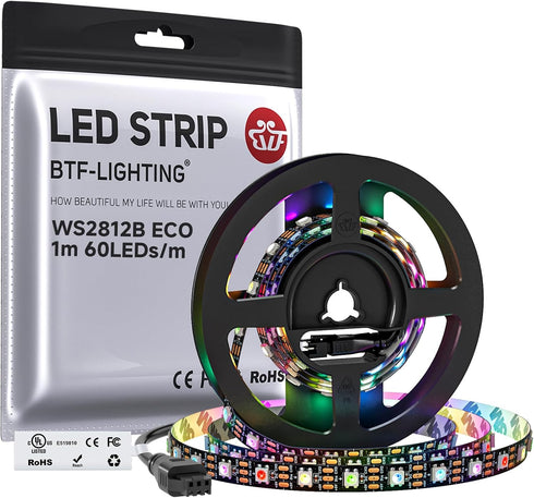 BTF-LIGHTING WS2812B ECO RGB LED Strip,UL Listed,Individually Addressable,3.28FT 60LED/m 60Pixel DC5V 5050SMD,Alloy