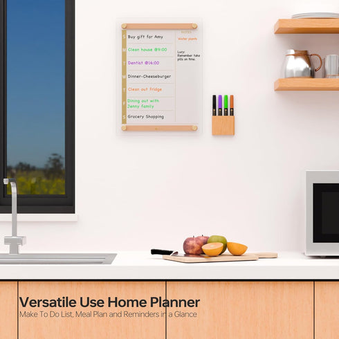 Clear Gold Glass Weekly Dry Erase Calendar 15x11", Menu & Meal Planner with Wood Decoration, Marker Holder and 4 Markers