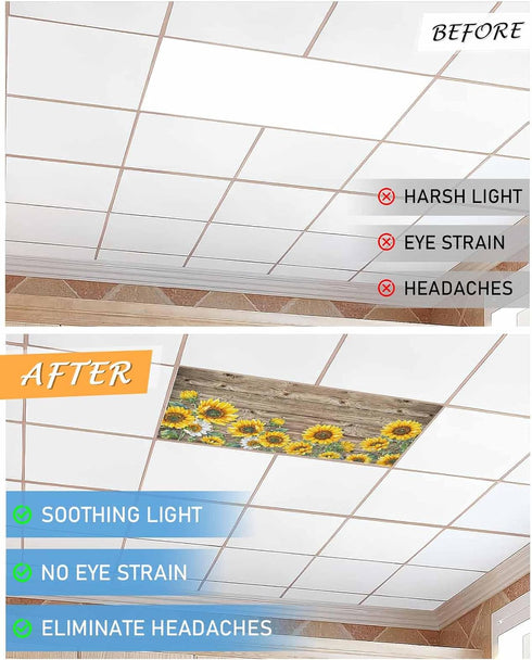 DOME-SPACE Fluorescent Light Covers - Farm Sunflower Magnetic Light Cover for Ceiling, Farmhouse Brown Wood Board