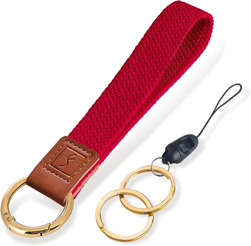 Stretchy Cute Key Chain, Upgraded Woven Wristlet Lanyard for Keys, ID Badges, Card Wallet, Phone (Red)