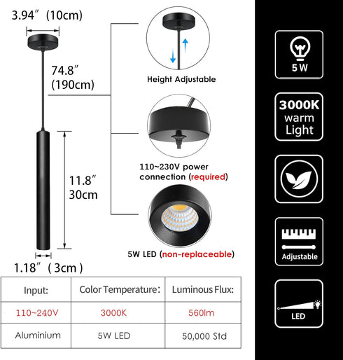 5W 3000K, 1.18 L11.8 Pendant Lights Kitchen Island, Modern Black Pendant Light for Bedroom Bedside Sofa Corner, Island