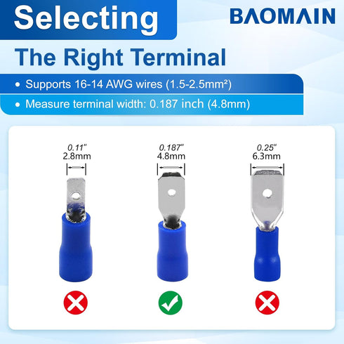 Baomain 100-Pack 0.187" Male Quick Disconnect Spade Connectors, Insulated Blue Terminals, 16-14 AWG, 4.8mm