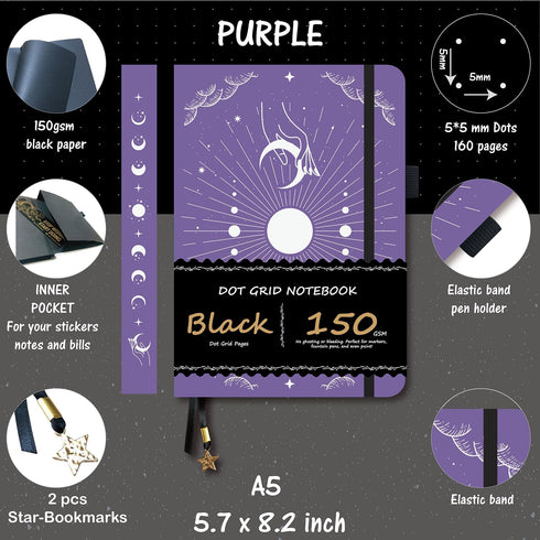 BUKE Dotted Journal - 150gsm Black Paper - 5 * 5mm DOT GRID Layout 160 Pages - A5 Size PU Leather Hardcover Drawing Sketch Notebook (Purple)