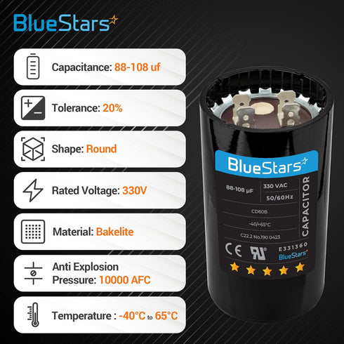 BlueStars 88-108 uf mfd 330VAC Volts Round Motor Start Capacitor, 50/60 Hz AC Electric Replacement Part.