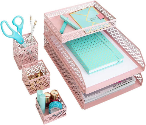 BLU MONACO Office Supplies - Pink Desk Accessories for Women, 6 Piece Interlocking Desk Organizer Set