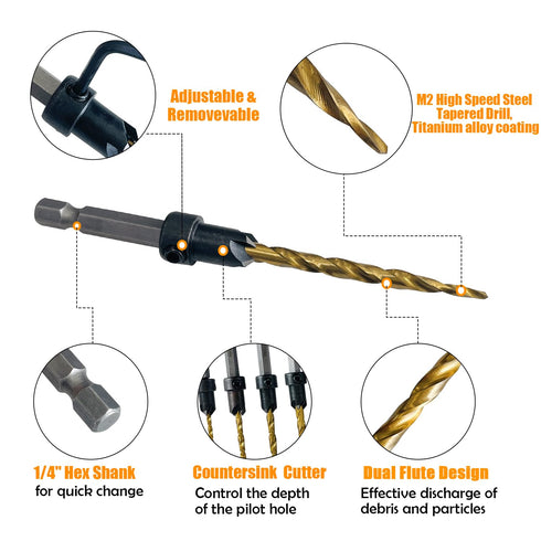 9Pcs Wood Countersink Drill Bit Set, Titanium Tapered Drill Bits for Woodworking and Carpentry
