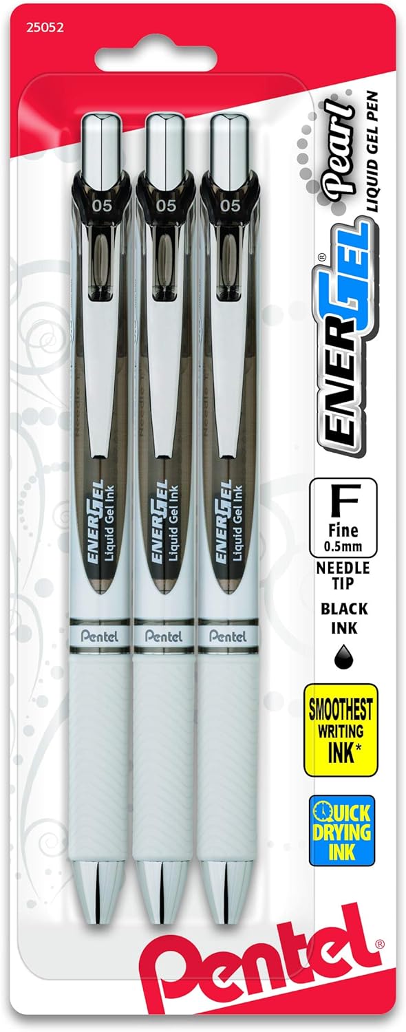 Pentel Gel Ink Pen, EnerGel Pearl, 0.5mm Fine Point, Needle Tip, Black (BLN75WBP3A)