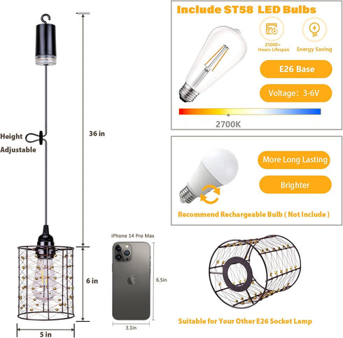 56 4 (2) Battery Operated Hanging Outdoor Chandelier, Battery Power Pendant Light, Gazebo Lights Outdoor, AA Batteries
