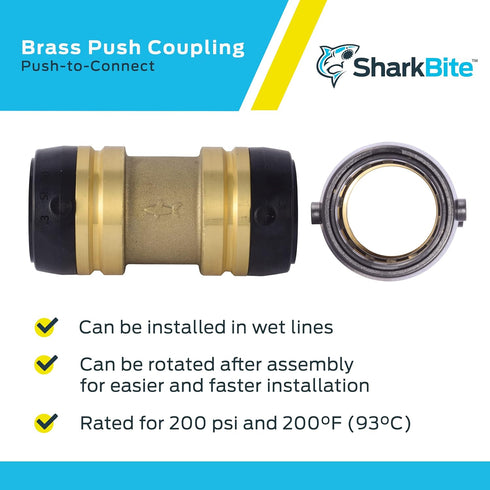 SharkBite 1-1/4 Inch Coupling, Push to Connect Brass Plumbing Fitting for PEX Pipe, Copper, CPVC, PE-RT, HDPE