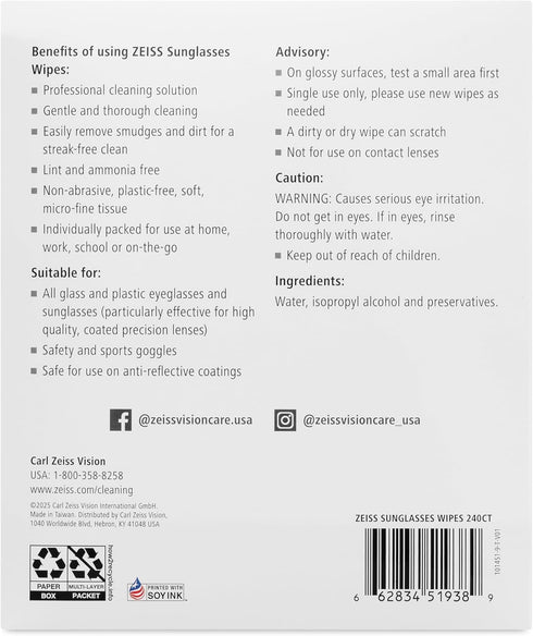 240 Count ZEISS Pre Moistened Sunglasses Cleaning Wipes