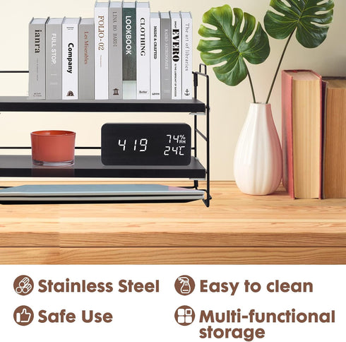 ShellKingdom Desk Shelf Organizer - 2 Tier Desktop Shelves, Adjustable Storage Rack for Office, School, Black