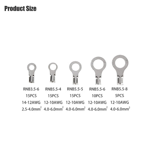 250pcs Non-Insulated Ring Terminals, Copper Connectors AWG22-16 Crimp Ring End Terminal for Electric Wire