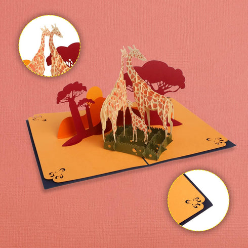 CUTE POPUP Family Reunion 3D Greeting Card with Giraffes on Safari Design for Family, Friends