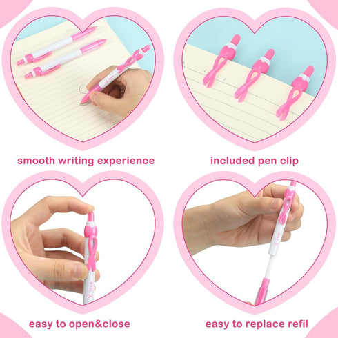 Yeaqee 100 Pcs Pink Breast Cancer Awareness Pen | 0.7 mm Black Ink Cancer Awareness Ribbon Pen with Rubber Grip