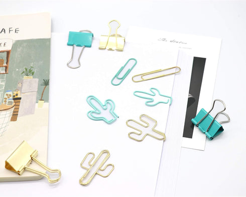 Gold Blue Binder Clips and Paper Clips Set, 3-in-1 Boxed for Office School Supplies, Teachers Classroom Daily Use