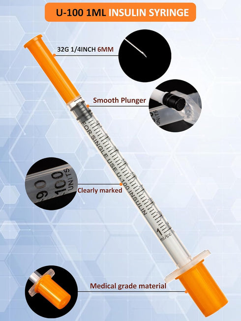 100 Pack 1ml 32G 1cc 1/4 Inch (6mm) Disposable Syringe, Lab Supplies Syringes, Individually Wrapped
