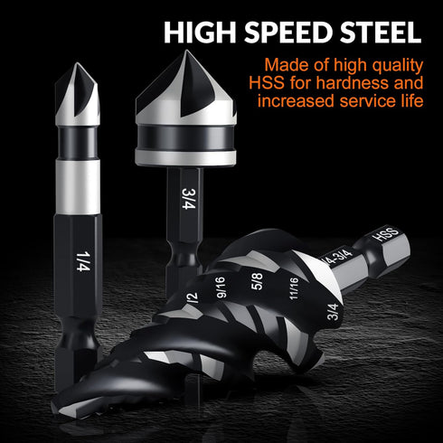 THINKWORK 5 Pcs Step Drill Bit Set with 5 Pcs Countersink Drill Bits & Tool Box, Nitriding HSS for Metal, Aluminum,