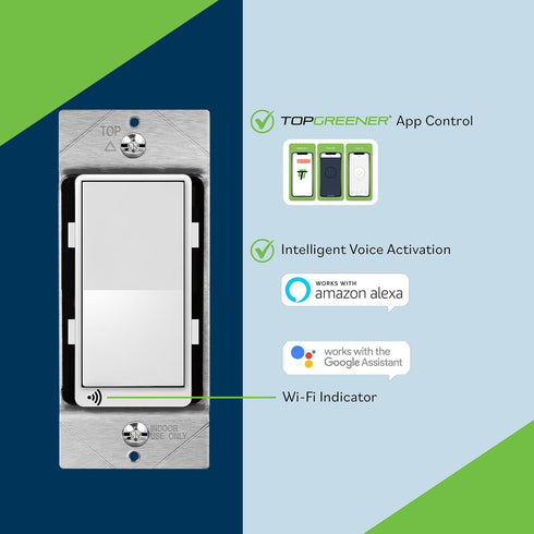 3-Way, TGWF15S, TOPGREENER Smart Wi-Fi Switch, Control Lighting from Anywhere, in-Wall, Single Pole or No Hub Required